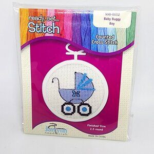 Baby Buggy Boy #998-0012 Counted Cross Stitch KIT Janlynn Round Frame Picture